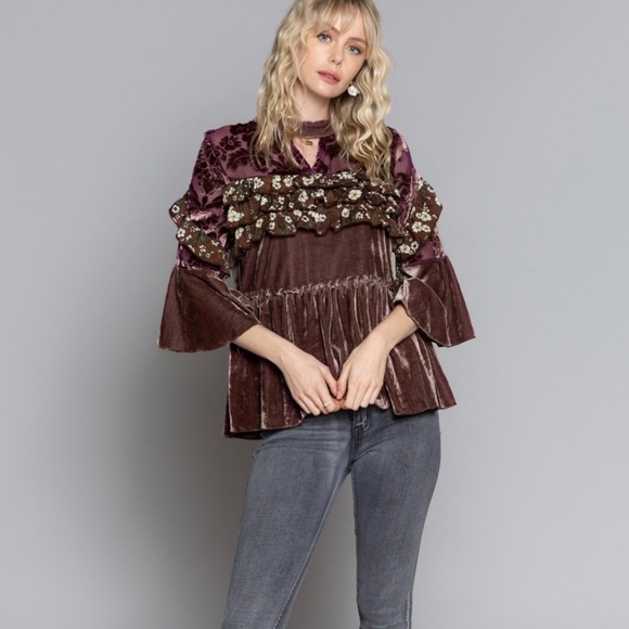 3/$30 POL Gorgeous Coco Color Velvet Peplum top - Picture 2 of 9